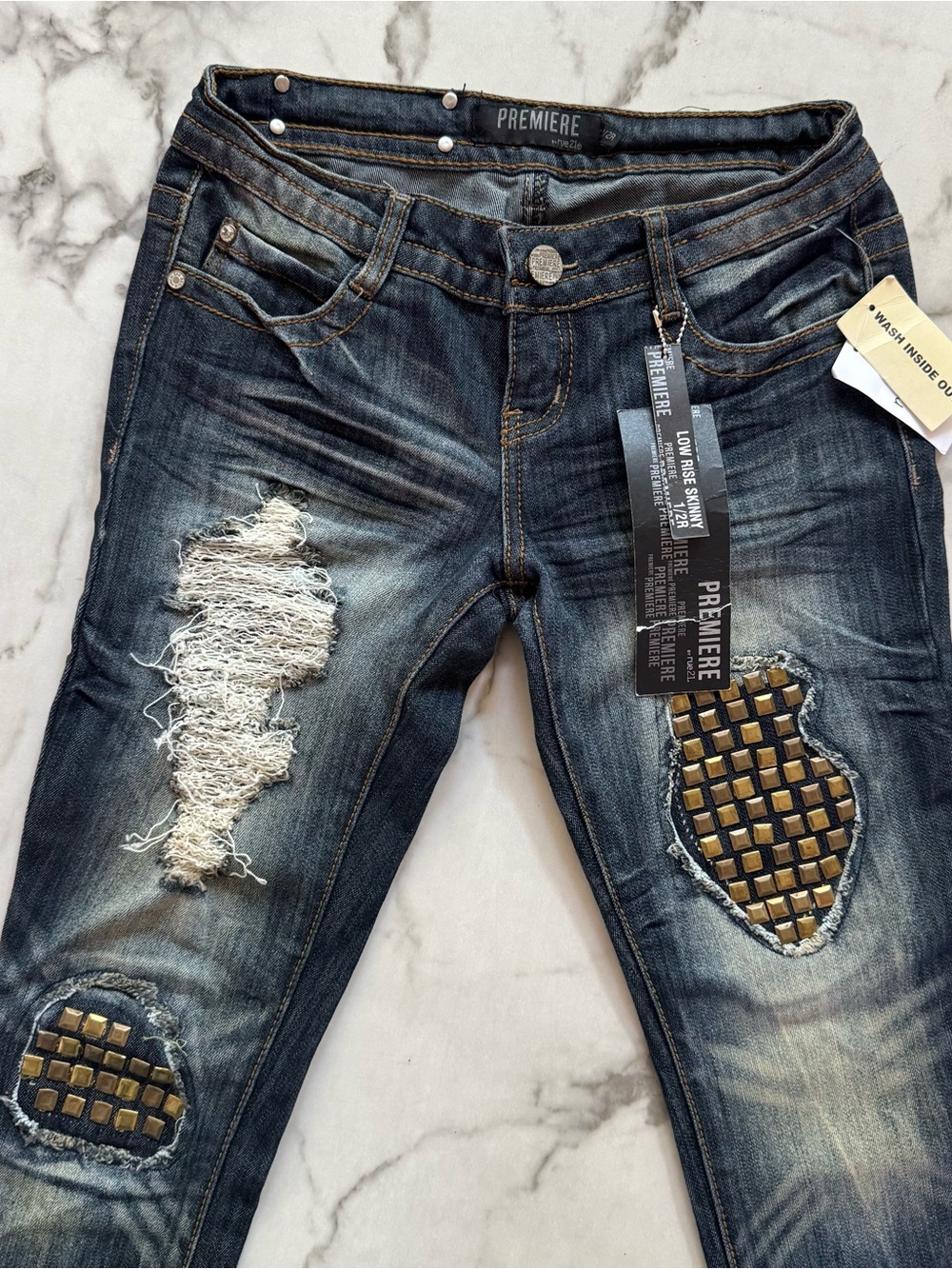 Premiere Dark Blue Distressed Skinny Jeans Brass Stud Patches